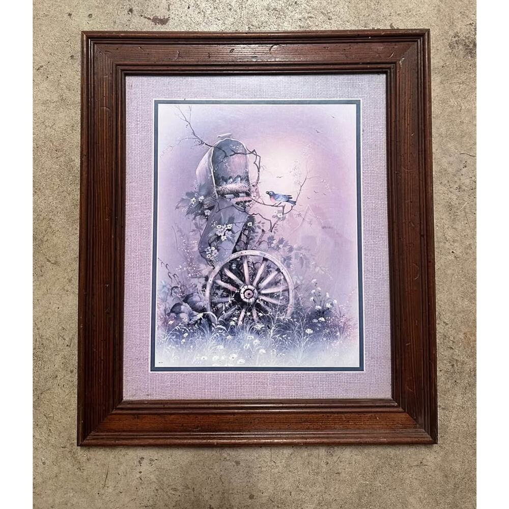 Vintage Framed Wagon Wheel & Bluebird Print – Rustic Farmhouse Art – 21” x 18”